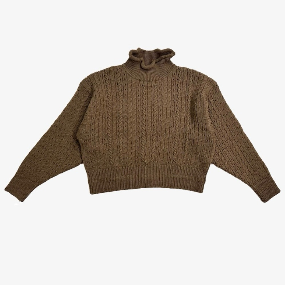Brown Cropped Cable Knit Mockneck Wool Blend Sweater